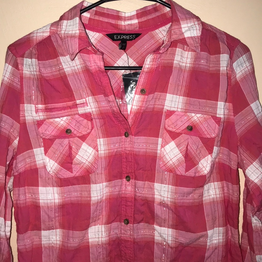 EXPRESS, NWT; Pink & White Plaid Button-down Shirt